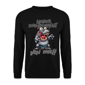 Nilpferd Lieber durchgeknallt als einer von euch - Unisex Pullover - Schwarz - Vorne - Alina (178cm) & Michal (187cm)