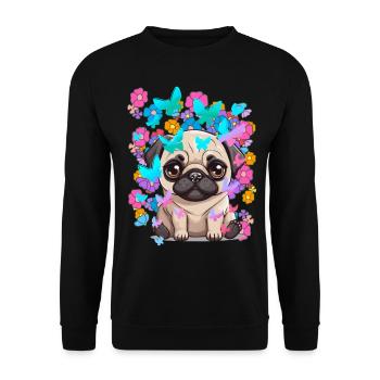 Hund Hunde Mops Frühling Blumen Schmetterlinge - Unisex Pullover - Schwarz - Vorne - Alina (178cm) & Michal (187cm)