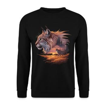 Luchs im Abendrot – Faszinierende Wildtierkunst - Unisex Pullover - Schwarz - Vorne - Alina (178cm) & Michal (187cm)