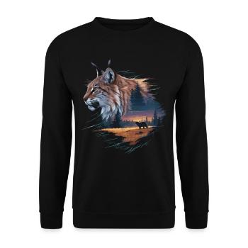 Luchs in der Wildnis – Mystische Naturkunst - Unisex Pullover - Schwarz - Vorne - Alina (178cm) & Michal (187cm)