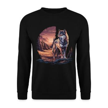 Einsamer Wolf im Sonnenuntergang – Wilde Natur - Unisex Pullover - Schwarz - Vorne - Alina (178cm) & Michal (187cm)