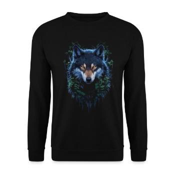 Mystischer Wolf – Spirituelle Wildnis-Kunst - Unisex Pullover - Schwarz - Vorne - Alina (178cm) & Michal (187cm)