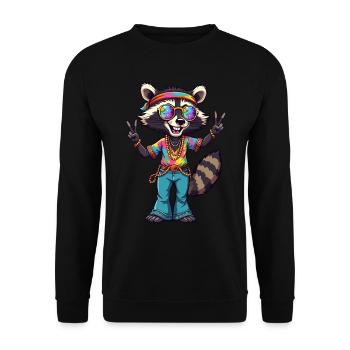 Hippie 70er Jahre 1970er 60er Jahre Party Waschbär - Unisex Pullover - Schwarz - Vorne - Alina (178cm) & Michal (187cm)