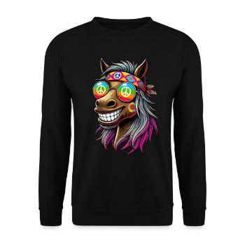 Hippie 70er Jahre 1970er 60er Jahre Party Pferd - Unisex Pullover - Schwarz - Vorne - Alina (178cm) & Michal (187cm)