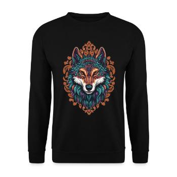 Mystischer Wolf – Boho & Mandala Kunst - Unisex Pullover - Schwarz - Vorne - Alina (178cm) & Michal (187cm)