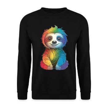 Buntes Regenbogen-Faultier - Geschenk Langschläfer - Unisex Pullover - Schwarz - Vorne - Alina (178cm) & Michal (187cm)