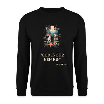 Cross with Psalm 46:1: God Is Our Refuge - Unisex Sweatshirt - black - Front - Alina (178cm) & Michal (187cm)