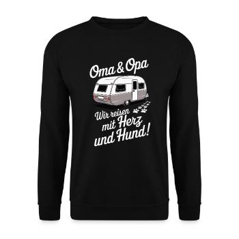 Oma und Opa – Wir reisen mit Herz und Hund - Unisex Pullover - Schwarz - Vorne - Alina (178cm) & Michal (187cm)