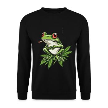 Frosch auf Cannabisblatt mit Joint - Weed Frosch - Unisex Pullover - Schwarz - Vorne - Alina (178cm) & Michal (187cm)
