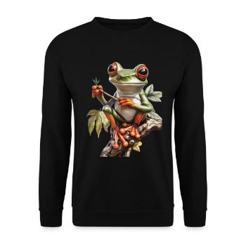 Frosch mit Joint auf Ast - Weed Frosch Design - Unisex Pullover - Schwarz - Vorne - Alina (178cm) & Michal (187cm)