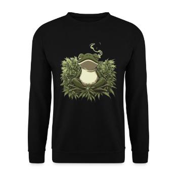 Frosch im Lotussitz mit Cannabisblättern - Unisex Pullover - Schwarz - Vorne - Alina (178cm) & Michal (187cm)