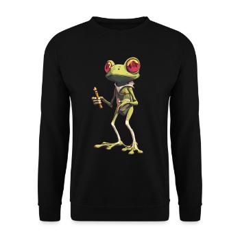 Frosch mit Joint und roten Augen - Weed Frosch - Unisex Pullover - Schwarz - Vorne - Alina (178cm) & Michal (187cm)