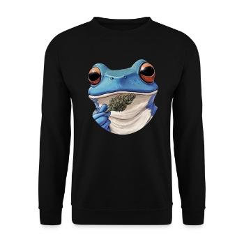 Blauer Frosch mit Weed-Blüte - Weed Frosch Design - Unisex Pullover - Schwarz - Vorne - Alina (178cm) & Michal (187cm)