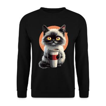 Fluffy cat with coffee mug and yellow eyes - Unisex Sweatshirt - black - Front - Alina (178cm) & Michal (187cm)