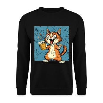 Aufgeregte Katze mit Kaffee im Comic-Stil - Unisex Pullover - Schwarz - Vorne - Alina (178cm) & Michal (187cm)