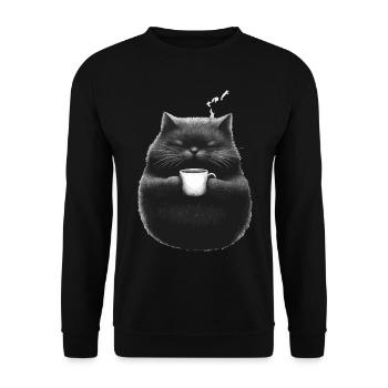 Gemütliche Katze mit Kaffeetasse in Pfoten - Unisex Pullover - Schwarz - Vorne - Alina (178cm) & Michal (187cm)