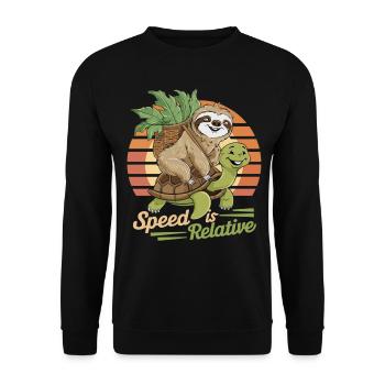 Faultier und Schildkröte – Speed is Relative - Unisex Pullover - Schwarz - Vorne - Alina (178cm) & Michal (187cm)