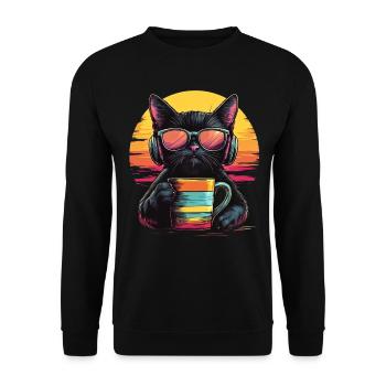 80s Style: Chill Cat with Coffee - Unisex Sweatshirt - black - Front - Alina (178cm) & Michal (187cm)