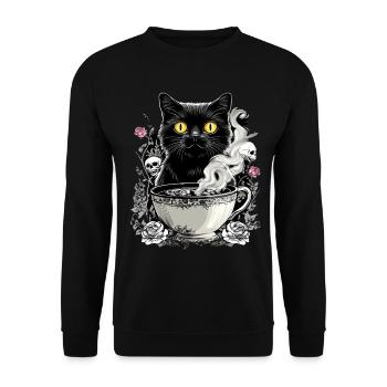 Mystisch: Katze mit Totenkopf-Kaffee - Unisex Pullover - Schwarz - Vorne - Alina (178cm) & Michal (187cm)