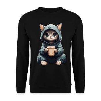 Mignon : Chat dans un sweat à capuche avec du café - Sweat-shirt Unisexe - noir - Devant - Alina (178cm) & Michal (187cm)