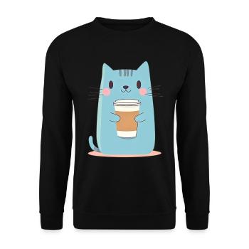 Chat bleu mignon avec du café - Style dessin animé - Sweat-shirt Unisexe - noir - Devant - Alina (178cm) & Michal (187cm)