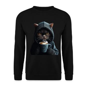 Mystische Katze mit Hoodie & Kaffee - Unisex Pullover - Schwarz - Vorne - Alina (178cm) & Michal (187cm)