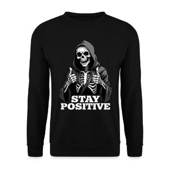 Stay Positive – Lustiger Sensenmann - Unisex Pullover - Schwarz - Vorne - Alina (178cm) & Michal (187cm)