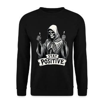 Stay Positive – Lustiger Sensenmann - Unisex Pullover - Schwarz - Vorne - Alina (178cm) & Michal (187cm)