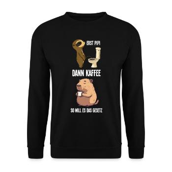 Faultier Capybara Erst Pinkeln Dann Kaffee Morgen - Unisex Pullover - Schwarz - Vorne - Alina (178cm) & Michal (187cm)
