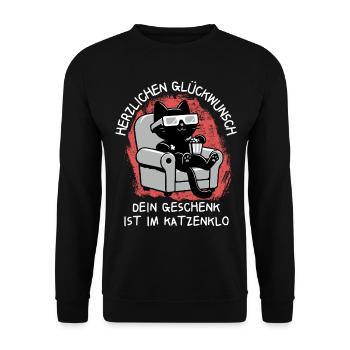 Herzlichen Glückwunsch - Geschenk ist im Katzenklo - Unisex Pullover - Schwarz - Vorne - Alina (178cm) & Michal (187cm)