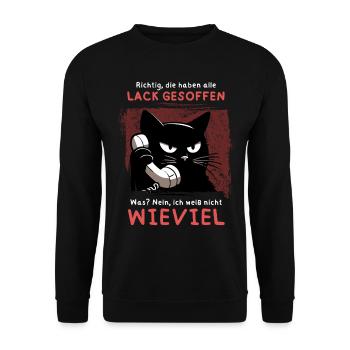 Lack gesoffen? Wieviel?! – Genervte Telefonkatze - Unisex Pullover - Schwarz - Vorne - Alina (178cm) & Michal (187cm)