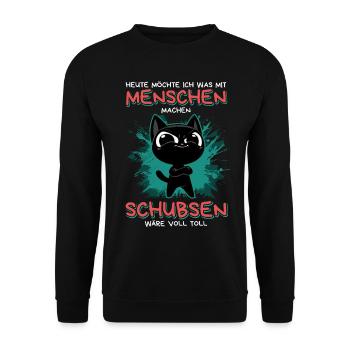 Menschen schubsen: Lustige schwarze Katze mit Plan - Unisex Pullover - Schwarz - Vorne - Alina (178cm) & Michal (187cm)