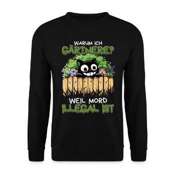 Gärtnern statt Mord – Schwarzer Humor mit Katze - Unisex Pullover - Schwarz - Vorne - Alina (178cm) & Michal (187cm)
