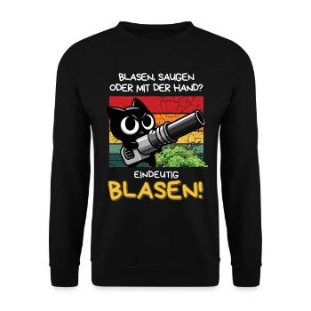 Blasen? Eindeutig! – Lustige Katze mit Laubbläser - Unisex Pullover - Schwarz - Vorne - Alina (178cm) & Michal (187cm)