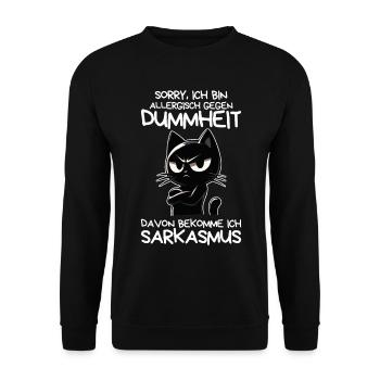 Allergisch gegen Dummheit – Katze mit Sarkasmus - Unisex Pullover - Schwarz - Vorne - Alina (178cm) & Michal (187cm)