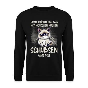 Menschen schubsen - Süße Grump Style Katze - Unisex Pullover - Schwarz - Vorne - Alina (178cm) & Michal (187cm)