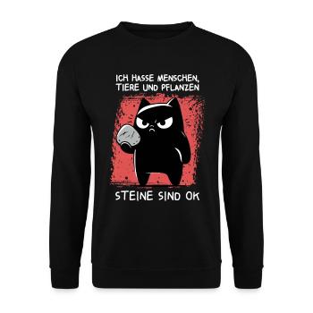 Wurfbereit – Schwarze Katze mit Stein - Unisex Pullover - Schwarz - Vorne - Alina (178cm) & Michal (187cm)