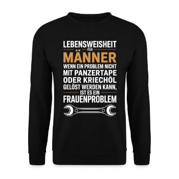 Lebensweisheit für Männer Werkstatt JGA Handwerker - Unisex Pullover - Schwarz - Vorne - Alina (178cm) & Michal (187cm)