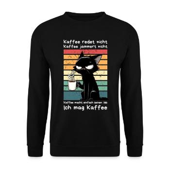 Genervte schwarze Katze mit Kaffee und Blick - Unisex Pullover - Schwarz - Vorne - Alina (178cm) & Michal (187cm)