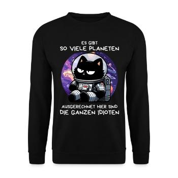 Misanthropische Katze im All – Space Mood Pur - Unisex Pullover - Schwarz - Vorne - Alina (178cm) & Michal (187cm)