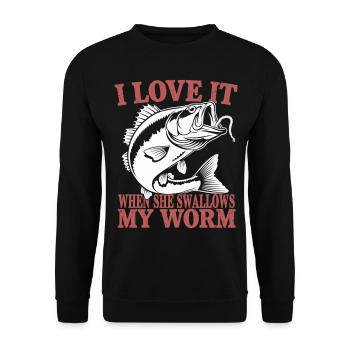 Frecher Angel Spruch - Zweideutig und fischig - Unisex Pullover - Schwarz - Vorne - Alina (178cm) & Michal (187cm)