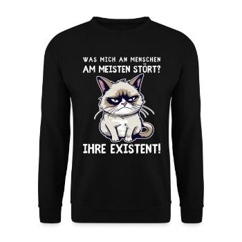 Existenzen - Grimmige Katze für schlechte Stimmung - Unisex Pullover - Schwarz - Vorne - Alina (178cm) & Michal (187cm)