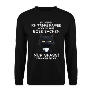 Schwarze Katze mit Kaffee und Todesblick - Unisex Pullover - Schwarz - Vorne - Alina (178cm) & Michal (187cm)