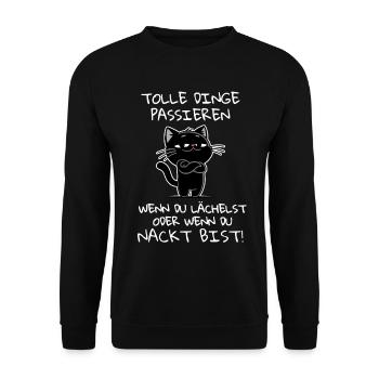 Katze in Badass-Pose – Tolle Dinge passieren dir - Unisex Pullover - Schwarz - Vorne - Alina (178cm) & Michal (187cm)