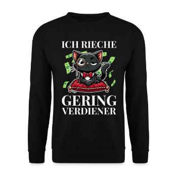 Ich rieche Geringverdiener Meme – Luxus Katze - Unisex Pullover - Schwarz - Vorne - Alina (178cm) & Michal (187cm)