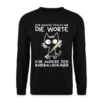Schwarze Katze mit frechem Spruch & Schläger - Unisex Pullover - Schwarz - Vorne - Alina (178cm) & Michal (187cm)