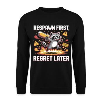 Pixel-Waschbär im Einsatz - Unisex Pullover - Schwarz - Vorne - Alina (178cm) & Michal (187cm)