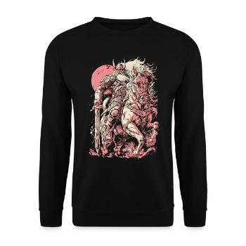 Wikingerkrieger auf weißem Pferd bei Vollmond - Unisex Pullover - Schwarz - Vorne - Alina (178cm) & Michal (187cm)