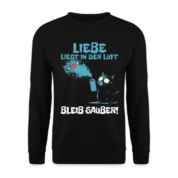 Liebe liegt in der Luft - Katze mit Gasmaske - Unisex Pullover - Schwarz - Vorne - Alina (178cm) & Michal (187cm)