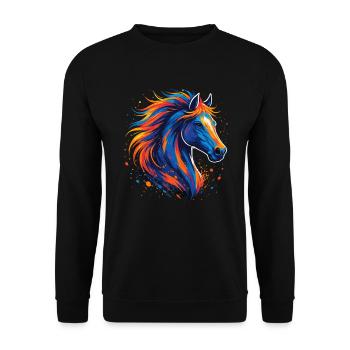 Buntes Pferd – Farbspritzer Kunstwerk - Unisex Pullover - Schwarz - Vorne - Alina (178cm) & Michal (187cm)